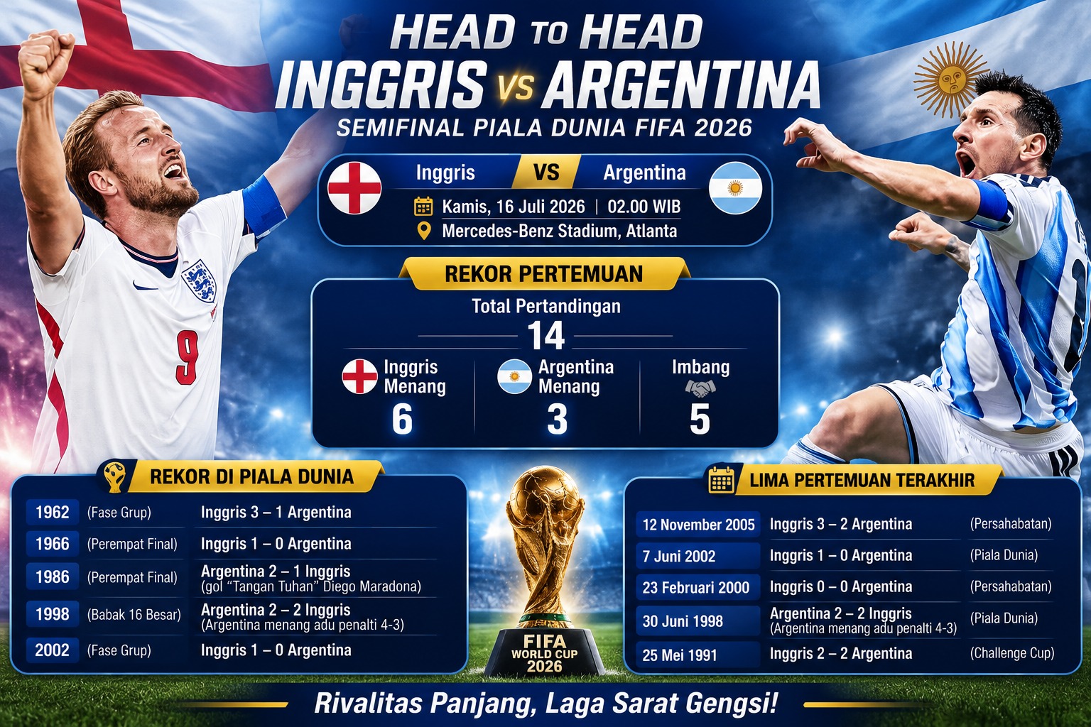 Prediksi Skor Inggris vs Argentina: Duel Messi vs Kane Perebutkan Tiket Final Piala Dunia 2026
