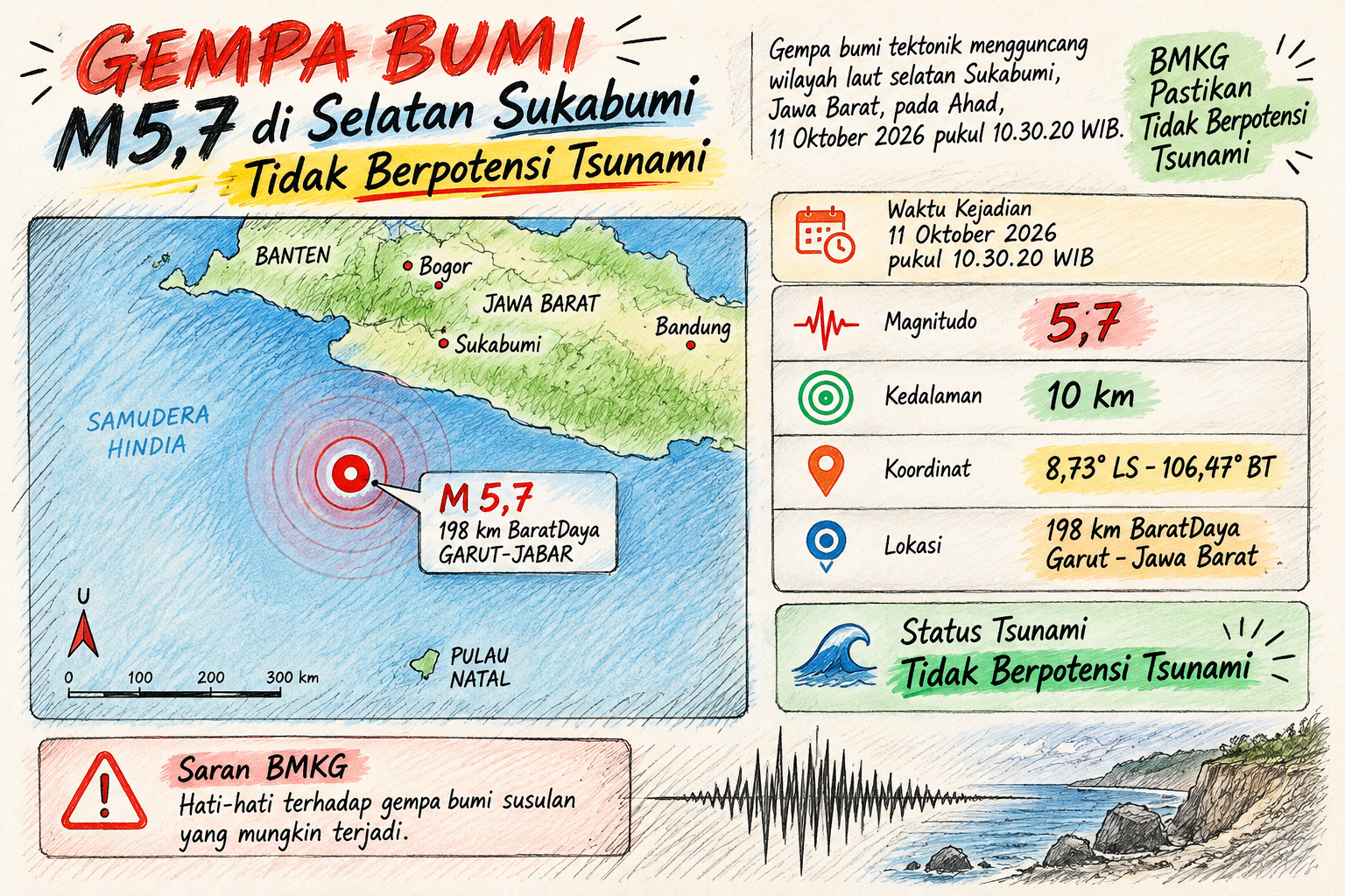 Gempa Bumi Hari Ini: Magnitudo 5,7 Guncang Selatan Sukabumi, BMKG Pastikan Tak Berpotensi Tsunami
