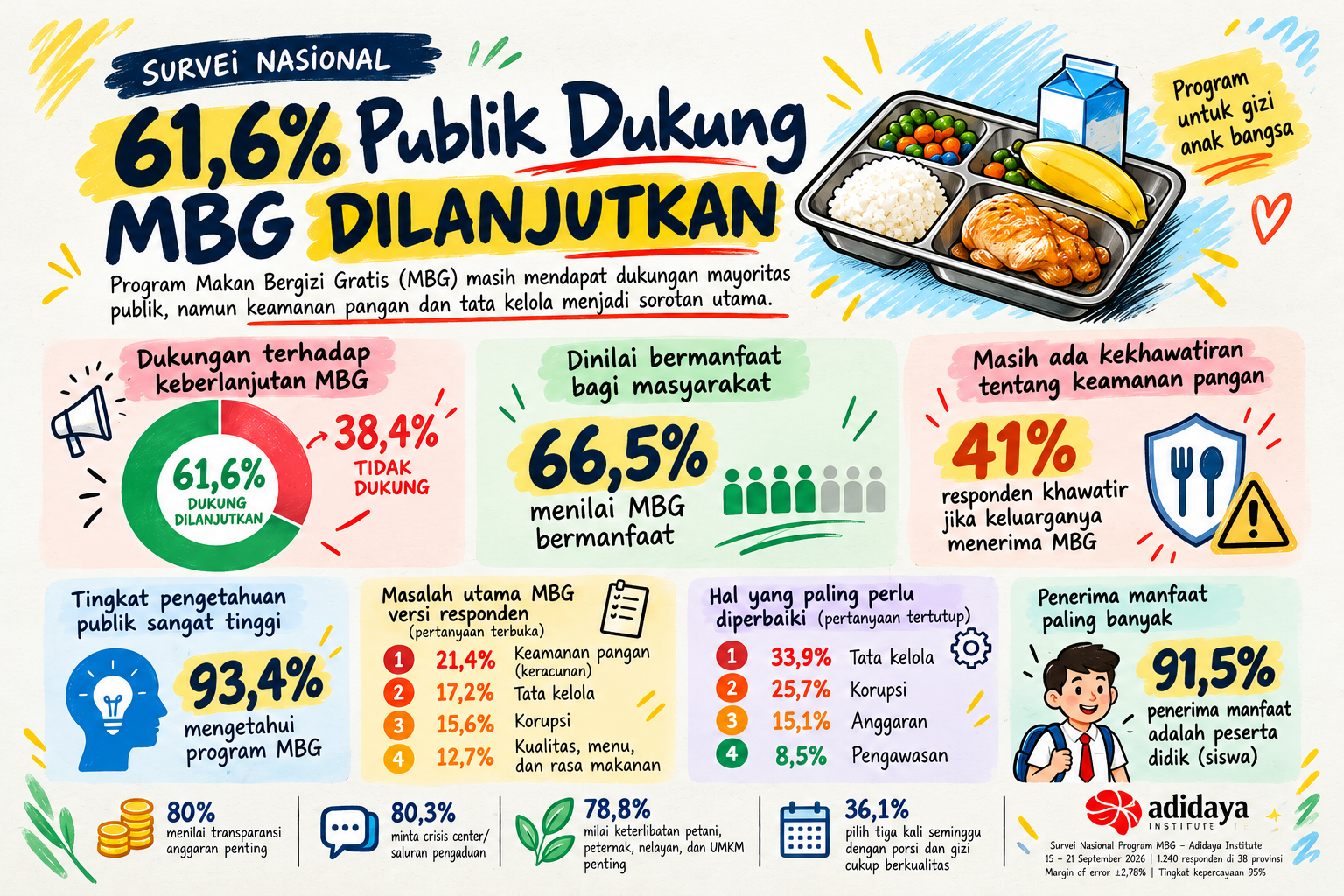 Survei Nasional MBG: Publik Dukung Program Dilanjutkan, tetapi Minta Keamanan dan Tata Kelola Dibenahi