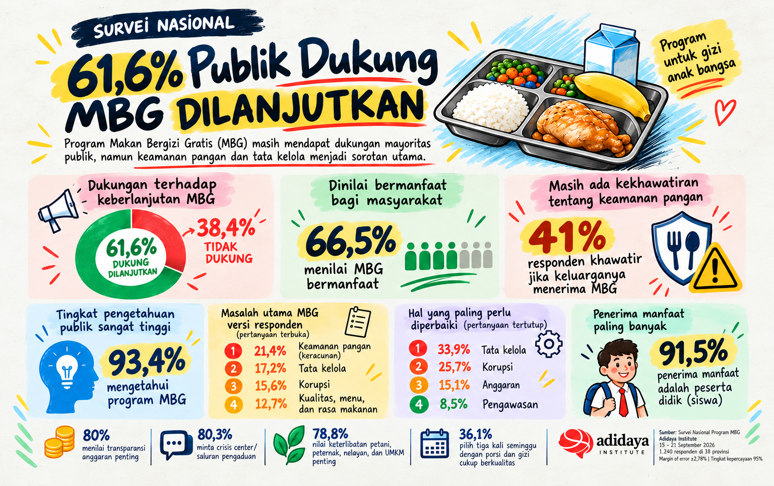 Survei Nasional MBG: Publik Dukung Program Dilanjutkan, tetapi Minta Keamanan dan Tata Kelola Dibenahi