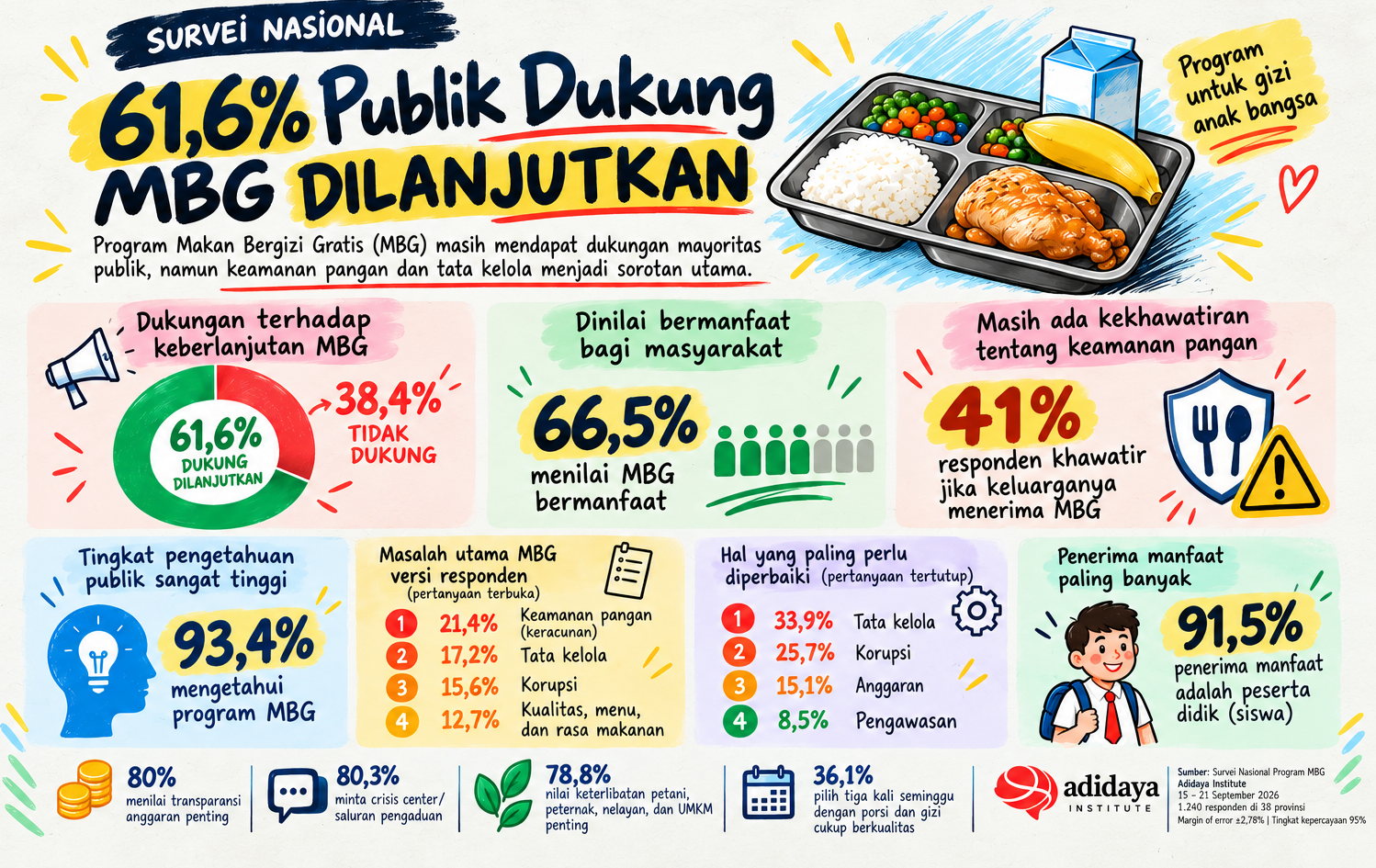 Survei Nasional MBG: Publik Dukung Program Dilanjutkan, tetapi Minta Keamanan dan Tata Kelola Dibenahi