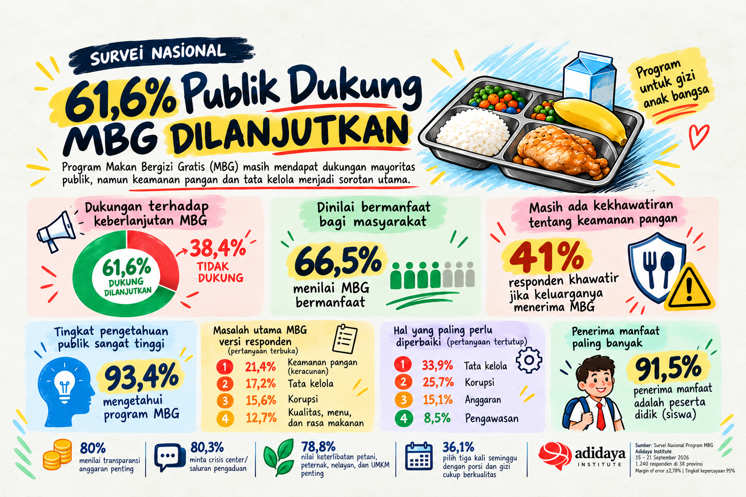 Survei Nasional MBG: Publik Dukung Program Dilanjutkan, tetapi Minta Keamanan dan Tata Kelola Dibenahi